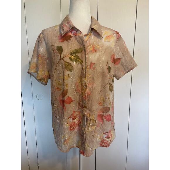 Coral Bay Size XL Short Sleeve Button-Up Shirt‎ Tan with Pink Floral - Picture 1 of 5